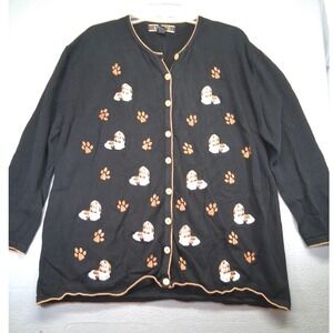 Terazzo Tails Women Cardigan Sweater  Black Shih Tzu Embroidery, Button Size 1X